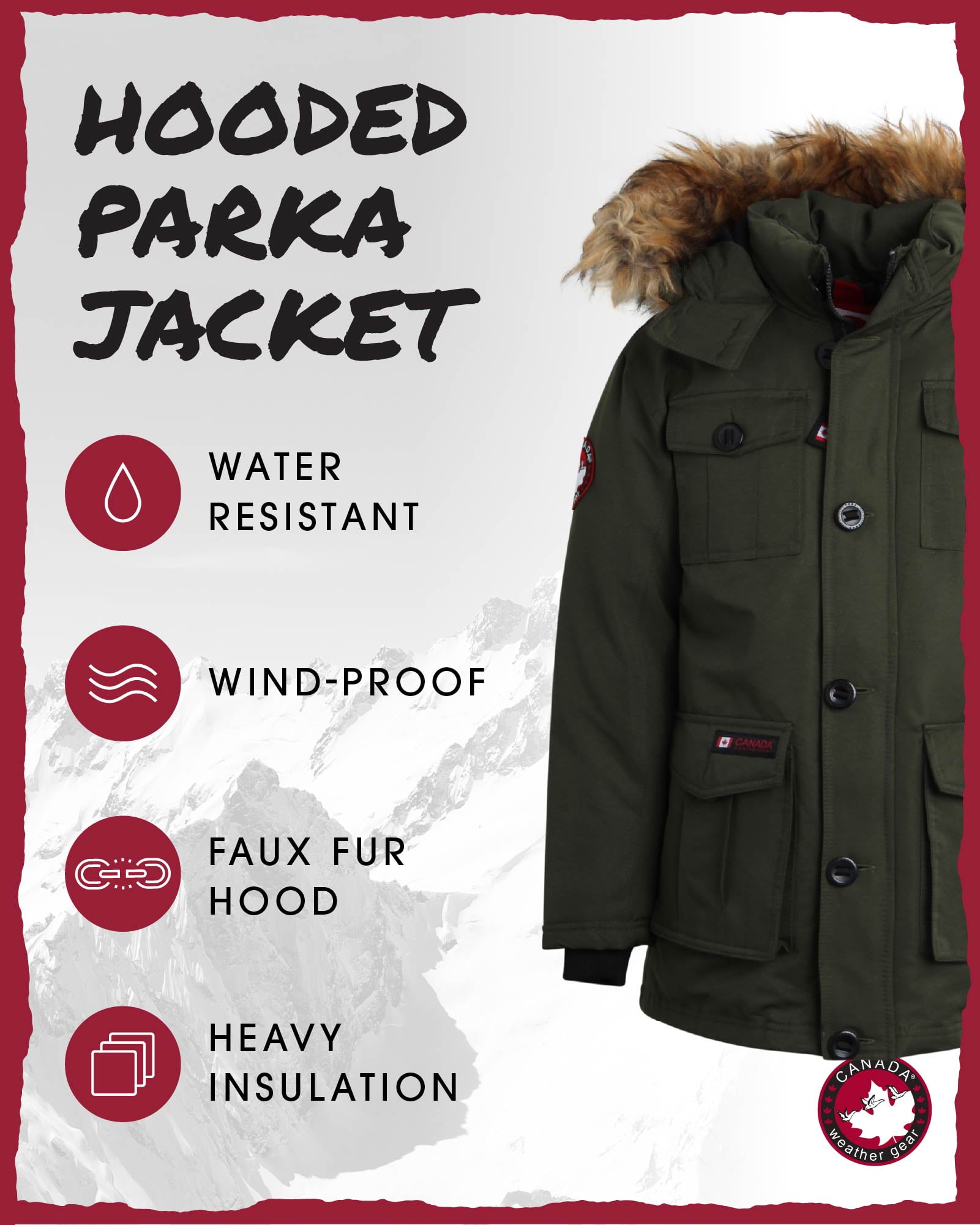 CANADA WEATHER GEAR Boys' Winter Jacket - Heavyweight Teflon Canvas Parka Coat (Size: 8-20)