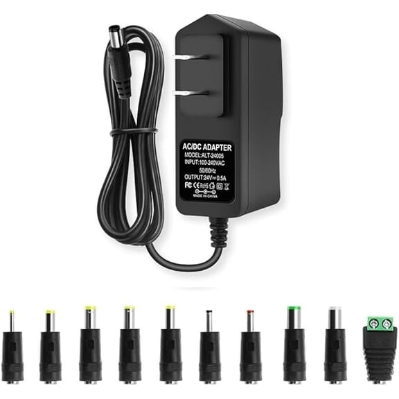 can 24V 0.5A Power Supply 100-240 50/60Hz AC to DC 24V Power Cord Adapter, 24Volt 500mA Universal Transformer, 5.5mm x 2.5mm Plug & 10 Tips