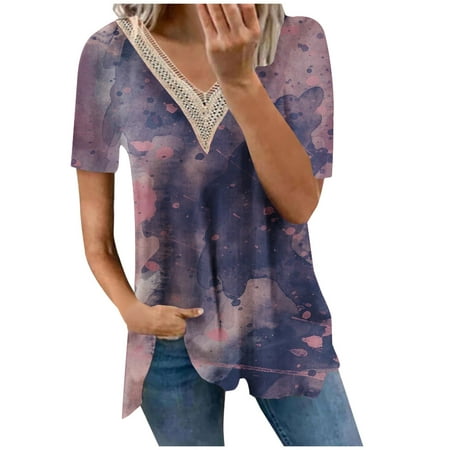 

Corset Tops for Women Floral Women s Fashion Short Sleeve Retro V Neck Printed Loose Tops Blouse Sleeve Lace Summer Tops Purple L