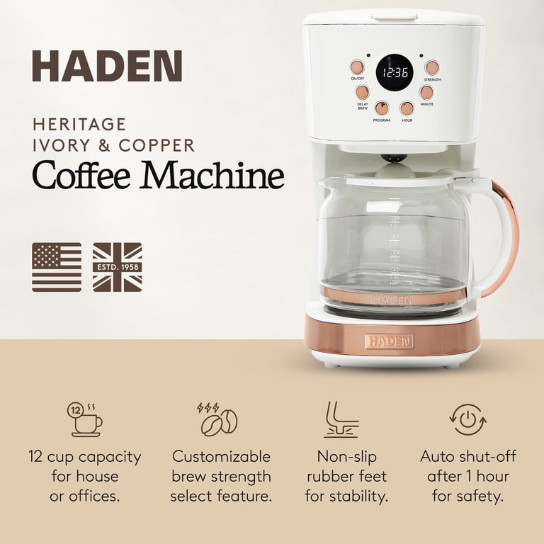 Haden, Coffee Machine, 12-Cup, Ivory and Copper, Programmable