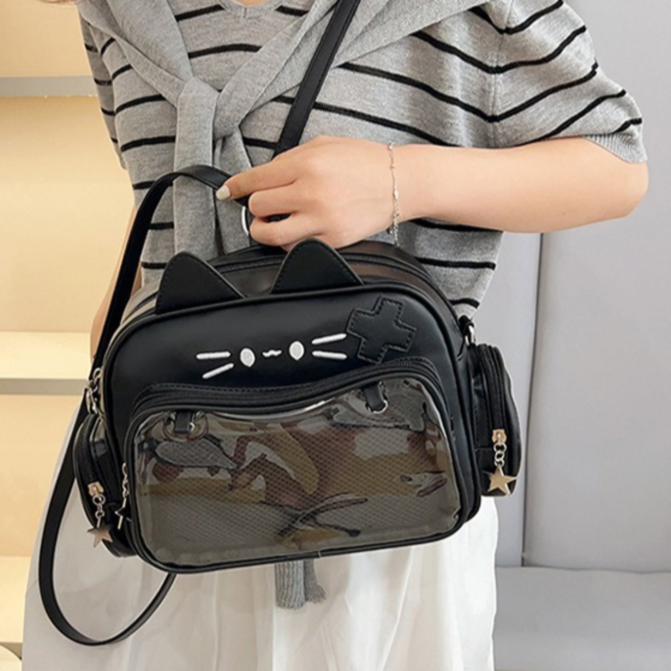 Cat Ita Bag with Clear Window - Kawaii Cat Backpack Purse, PU Leather Pin Display Bag, Adjustable Crossbody Bag for Cosplay, Christmas Halloween Gift