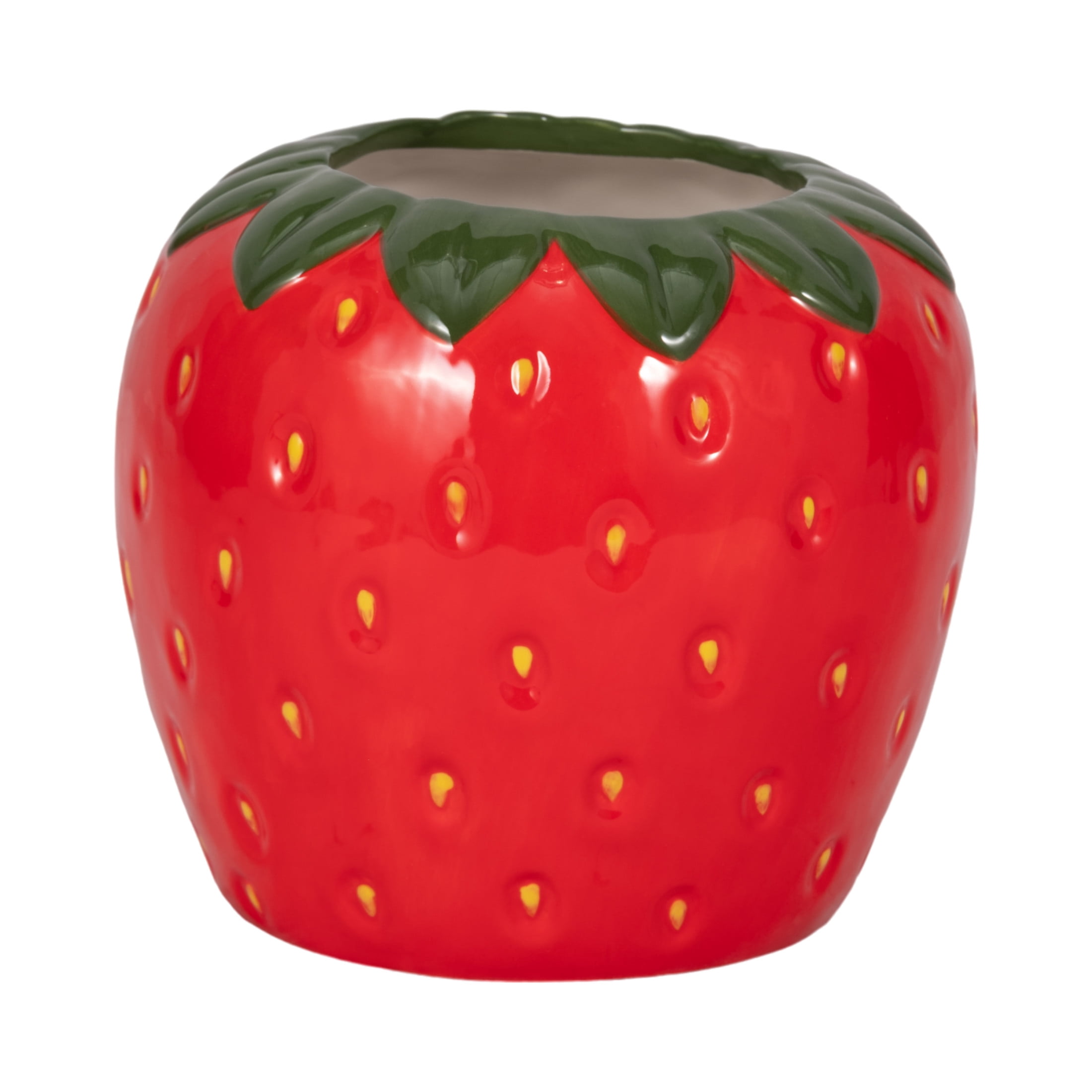 Strawberry-Shaped Flower Pot for Home Decor - Decorative Ceramic Planter for Outdoor, Indoor Plants, and Garden Display - Stoneware Planter for Patio, Entryway, Shelf, and Balcony - 6", Red & Green
