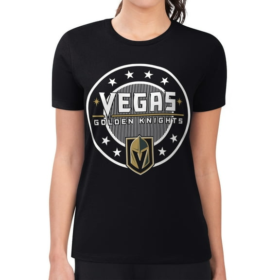 Women's G-III 4Her by Carl Banks Black Vegas Golden Knights Super-Slim Lightweight Pinstripe Circle Graphic T-Shirt