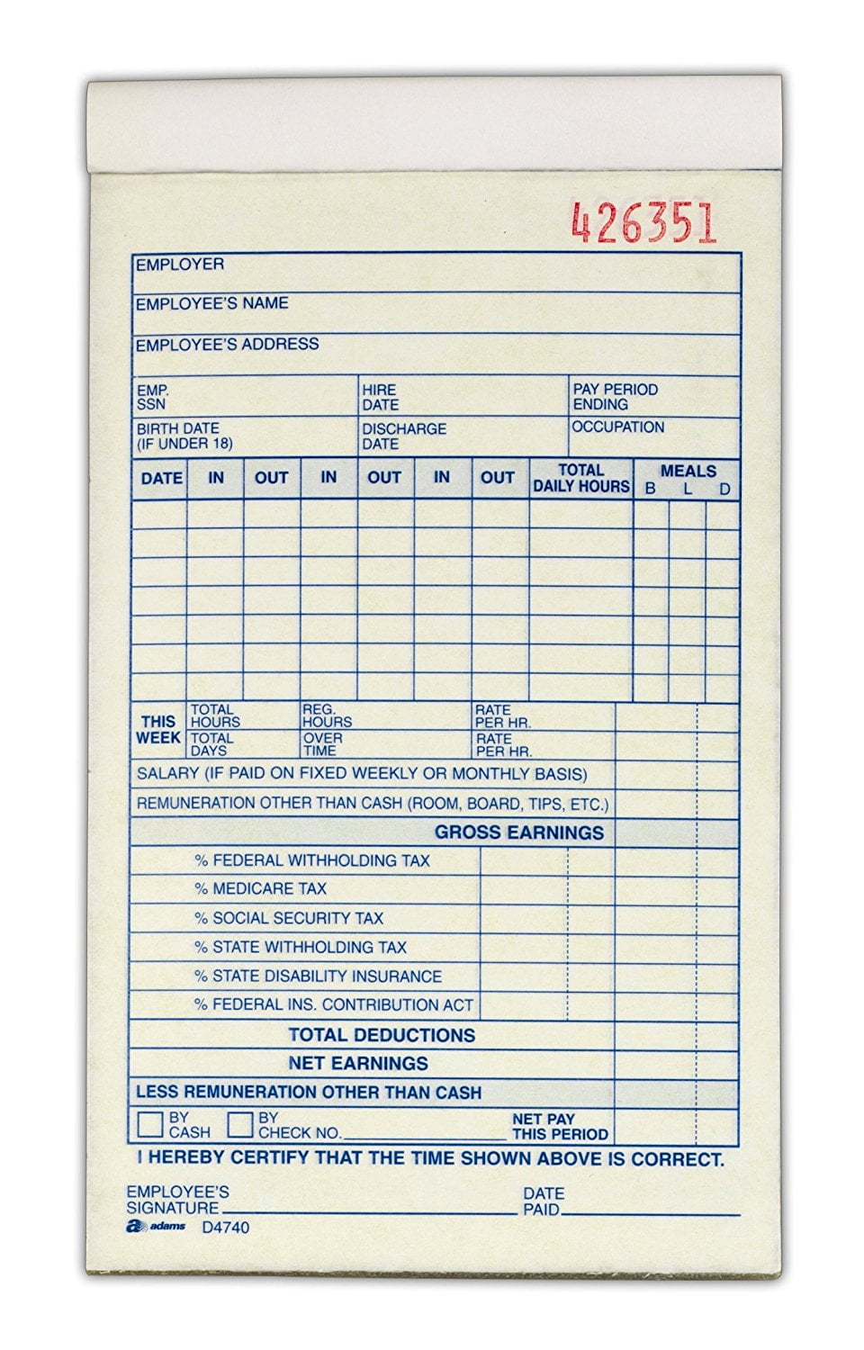 White and Canary 2-Part 55 Sets/Pack D4743 Pack of 12 Adams Employee Payroll Record Book 4.19 x 7.19 Inches 