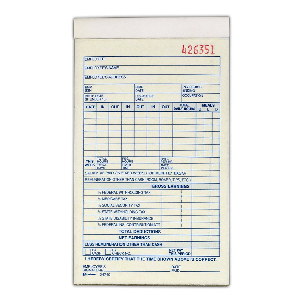 Employee Payroll Record Book, 2 Part, Carbonless, 4.19 x 7.19, 50 Sets
