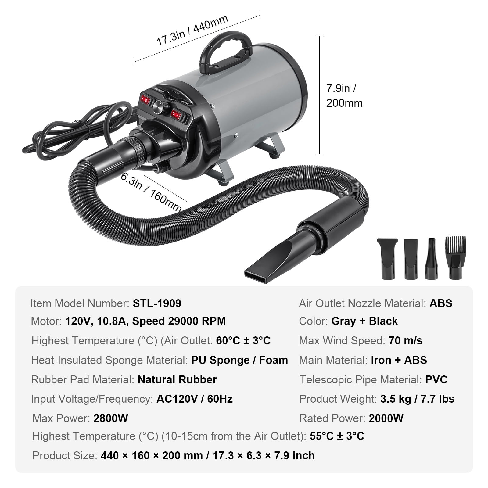 BENTISM Dog Dryer, 2000W Pet Hair Force Dryer Grooming Blower with Adjustable Speed and Temperature Control with 4 Different Nozzles Extendable Hose, Grey