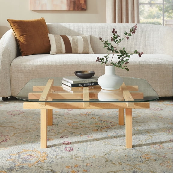 Isby 35 Inch Tempered Glass Coffee Table in Oak