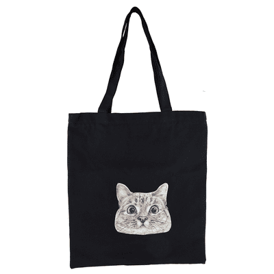 Black Canvas Kitty Cat Print Shoulder Tote Bag by Jordan Ubuy