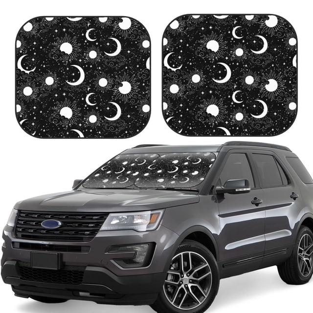 Balery Crescent and Stars Parasol para parabrisas de coche de 2 piezas | Parasol plegable para parabrisas delantero de coche para la mayoría de sedanes-Large