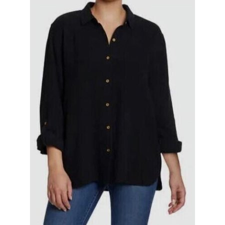 Anne Klein Women's Gauze Button Up Top (Black, Large)