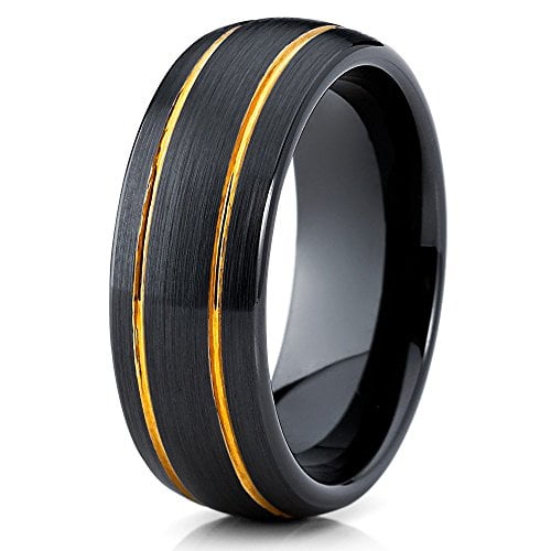 Silly Kings 8mm Yellow Gold & Black Ceramic Wedding Ring Unisex Mens Womens Comfort Fit Band