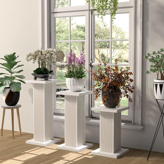 3 Piece Wooden Plant Stand, Square Pedestal Display Plant Stand with Fluted Panel, Flower Potted Plant Stand, White