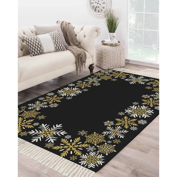 Christmas Black Large Area Rug 4x6ft Woven Runner Rug,Xmas White Golden Snowflakes Retro Rustic Living Room Bedroom Kitchen Bathroom Classroom Carpet with Tassels,Indoor Outdoor Throw Door Mat