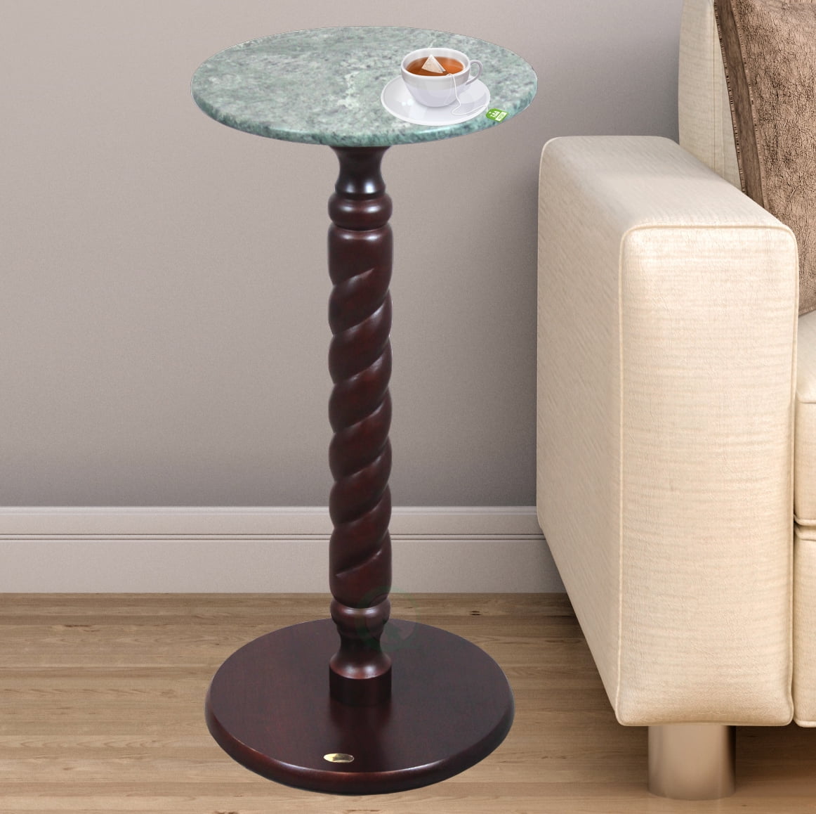 Solid Wood Round Table, Side Table with Green Marble Top