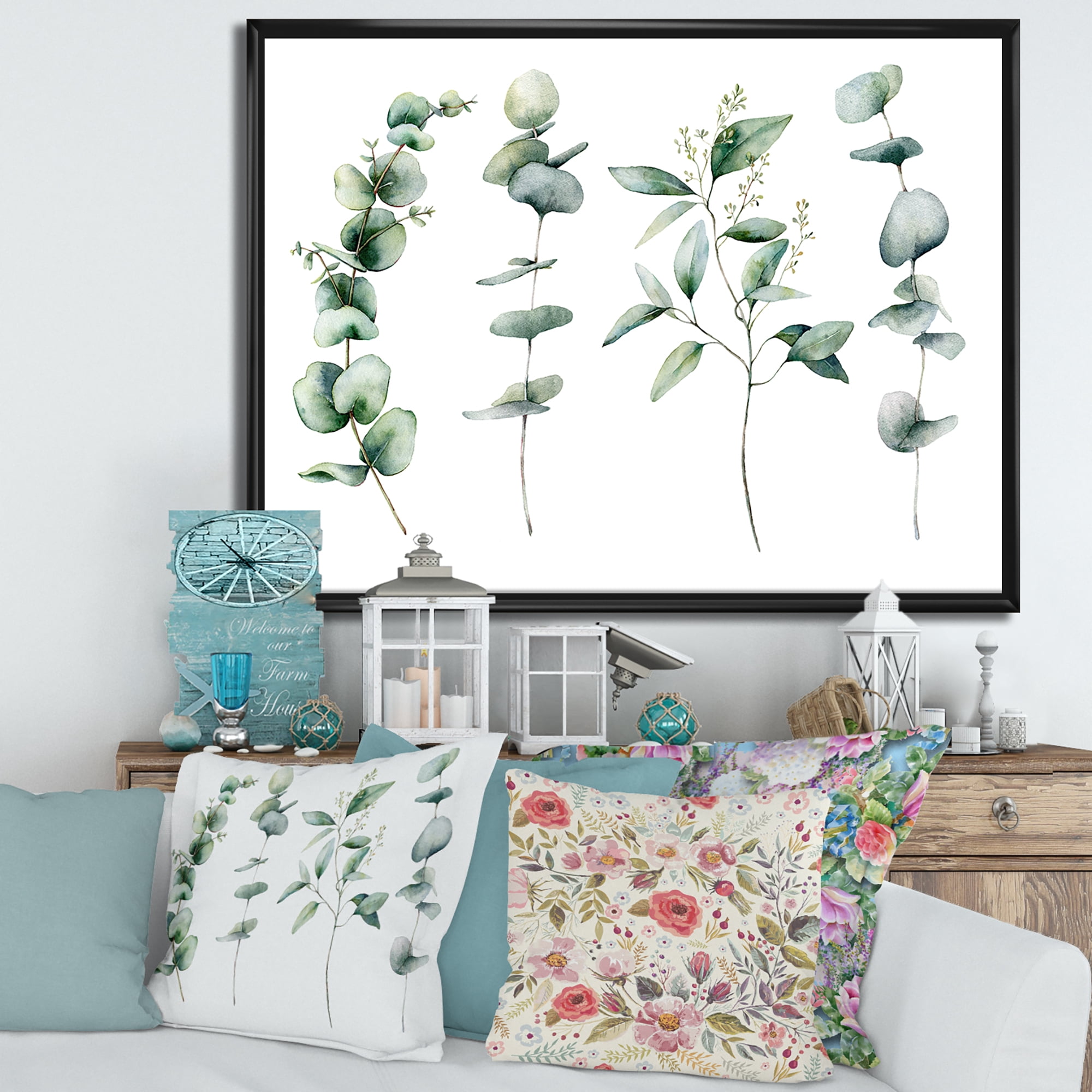 Green Eucalyptus Plant Branches I 32 in x 24 in Framed Painting Canvas Art Print, by Designart