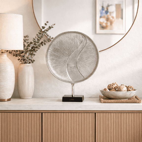 Expobazaar Sculpture | Antique Nickel Sphere with Black Base 17" Modern Table Décor