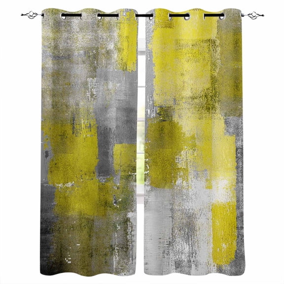 Yellow Grey Blackout Curtains for Bedroom, Abstract Art Oil Painting Modern Geometric Room Darkening Window Drapes for Living Room, Thermal Insulated Grommet Curtains, 42x54 inch, 2 Panels