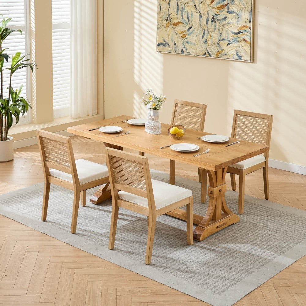 Rattan Dining Chairs Set of 2, Farmhouse Mid Century Modern Kitchen Chairs with Cane Backrest, Linen Upholstered Seat, Solid Wood Frame, Beige