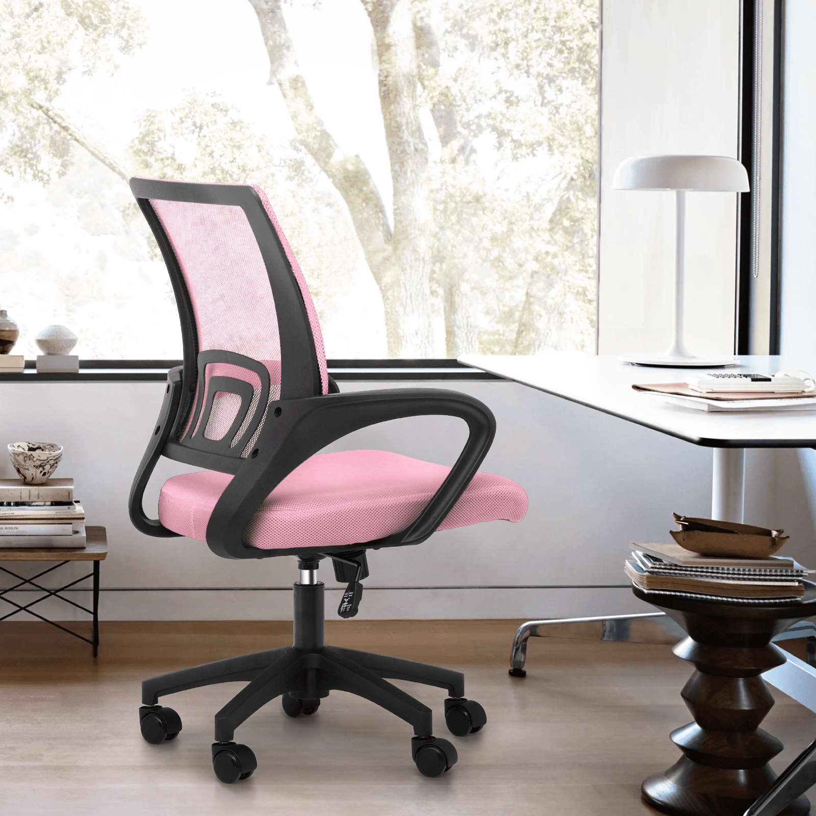 Magshion Set of 2 Office Chairs Mid Back Swivel Desk Chairs, Height Adjustable Ergonomic Mesh Computer Chairs with Armrest & Lumbar Support, Pink