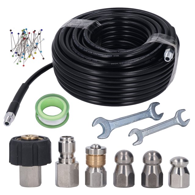 Kit de hidrolavadora para alcantarillado, manguera de 100 pies, 5800 PSI, 1/4 de pulgada NPT con 2 llaves
