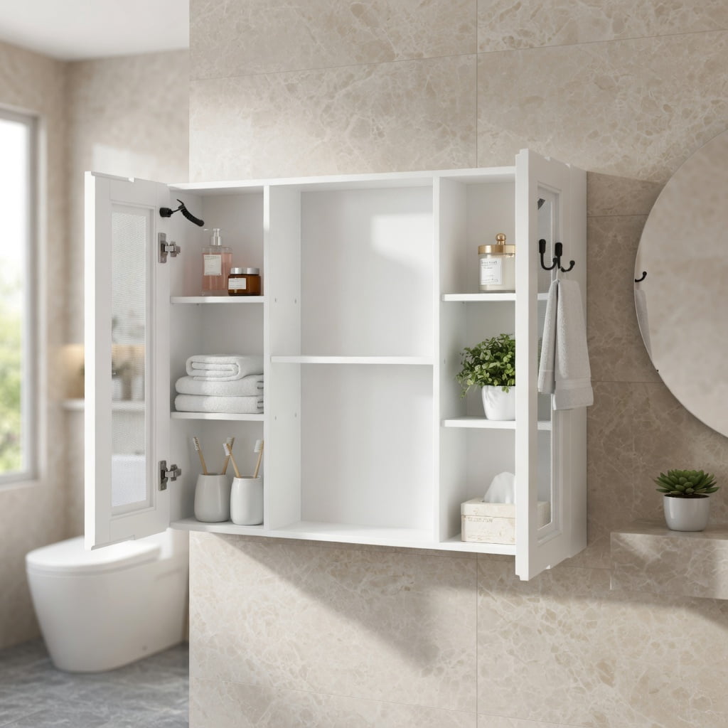 Hommoo Modern 3-Door LED Bathroom Medicine Cabinet with Anti-Fog Mirror, Soft White Lighting & Wall-Mounted Aluminum-Plastic Storage, White