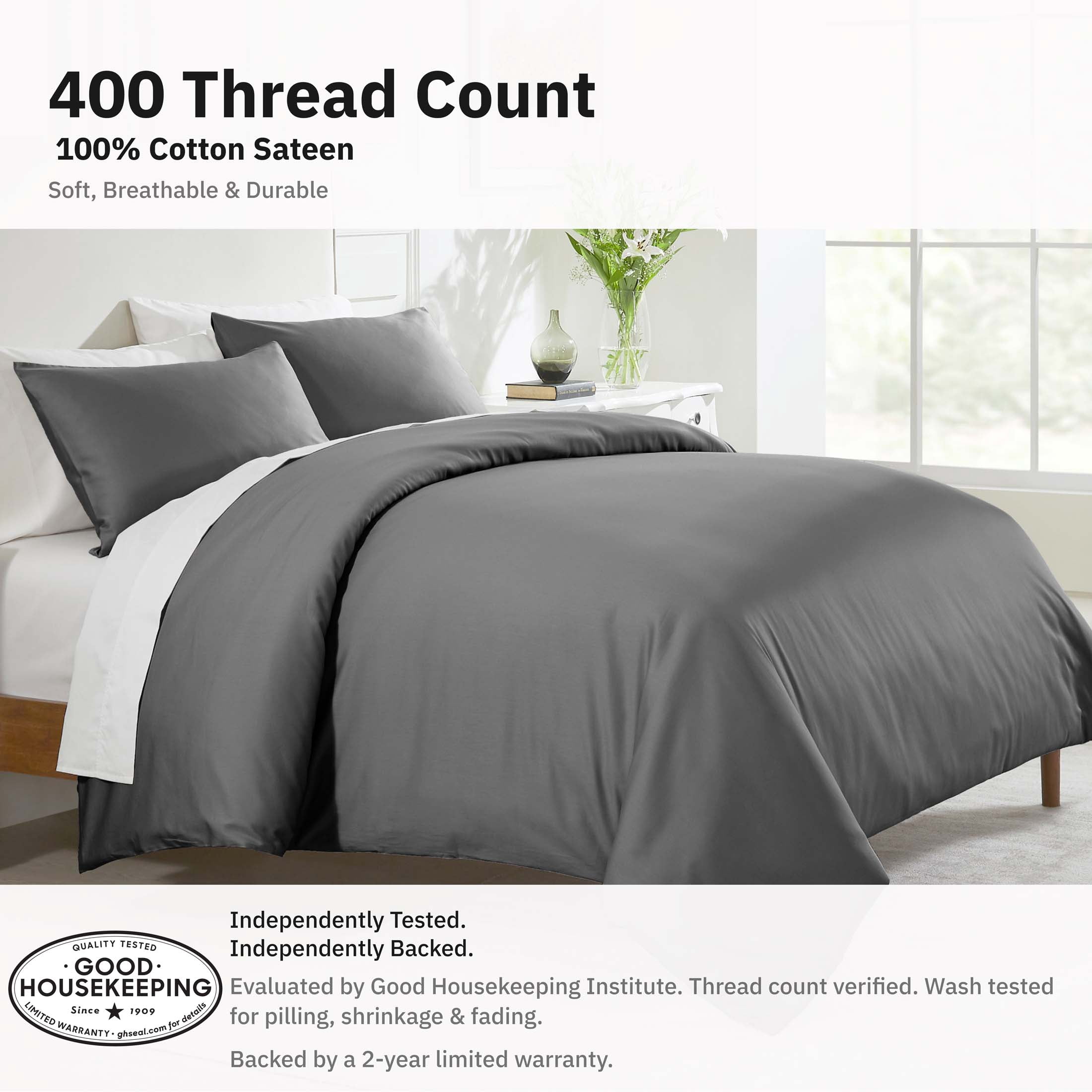 California Design Den 3-Piece Duvet Covers Queen Size Set, 400 Thread Count 100% Cotton Queen Size Set, Soft Sateen, Grey