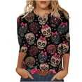 thumbnail image 2 of IUYRTFE Women's Day of the Dead Skull Print Crew Neck 3/4 Sleeve T-Shirt Loose Fit Casual Fall Top, 2 of 5