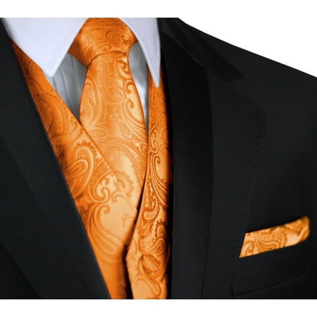 Italian Design, Men's Formal Tuxedo Vest, Tie & Hankie Set for Prom, Wedding, Cruise in Orange Paisley