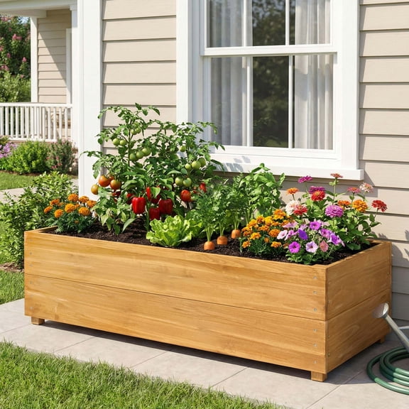 Natural Wood Solid Fir Raised Garden Bed with Liner Outdoor Planter Box for Vegetables Herbs
