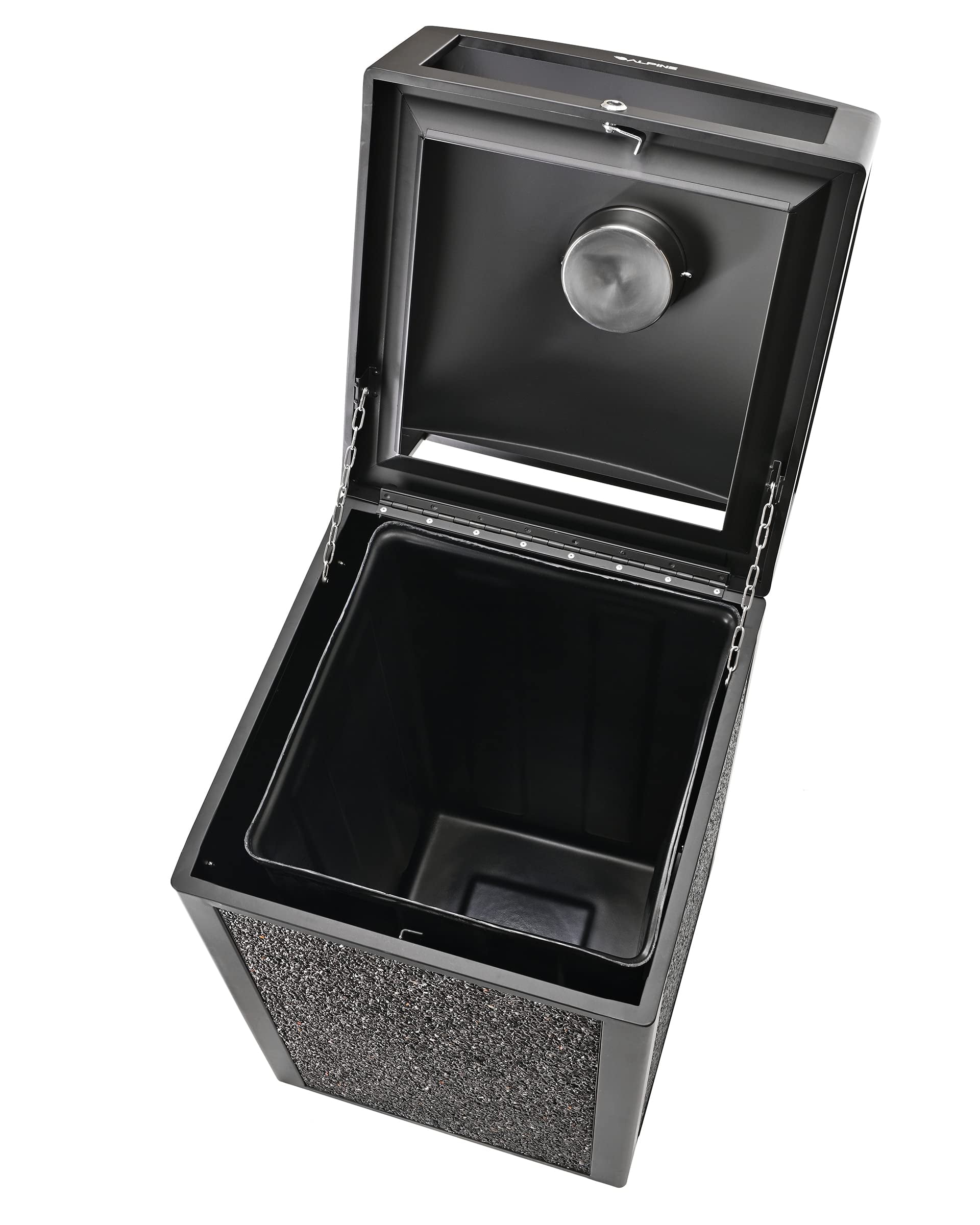 Alpine Outdoor Commercial Trash Can with Lid - 40 Gallon Heavy Duty Metal Garbage Can with Removable Bin, Locking Lid, Perfect for Patio, Pool, Deck, Mall Black, Grey Stone Panels (Tray)