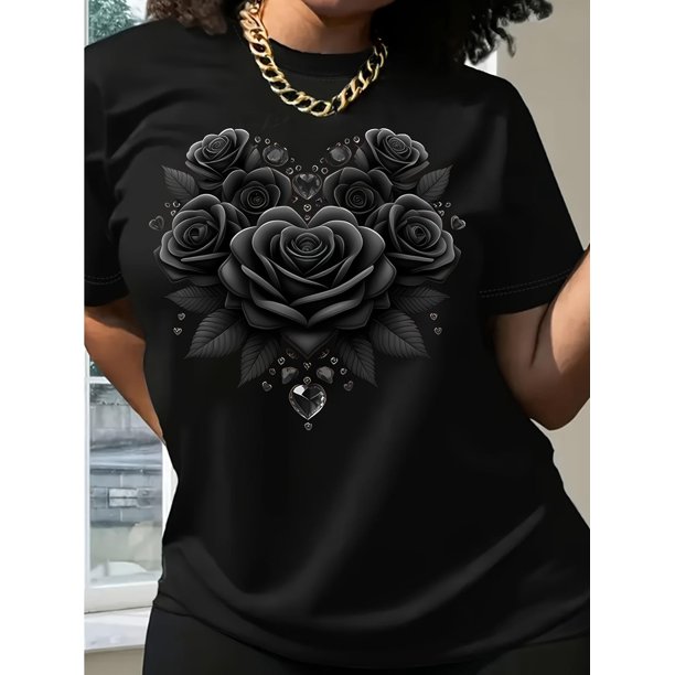 Women'S Casual Crew Neck T-Shirt with Heart-Shaped Rose Graphic Print, Short Sleeve Regular Length Top for Spring and Summer, Stylish Clothing | Stylish Casualwear | Heartshaped Roses