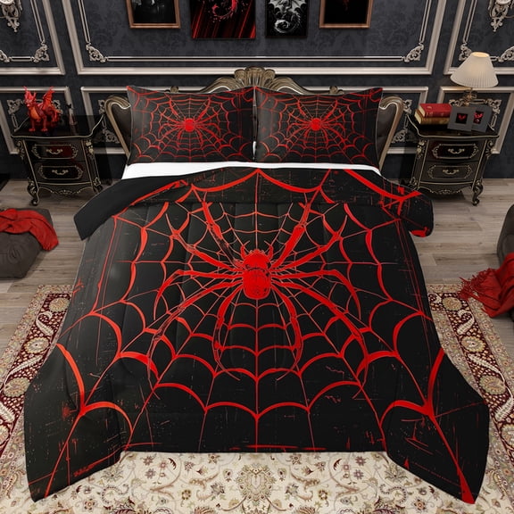 Feelyou Romantic Gothic Animal Queen Comforter Set, Black Red Spider Web Bedding Sets, Teens Kids Boys Girls Reversible Bedding Comforter Set, Ultra Soft Bedroom Decor, 3pcs