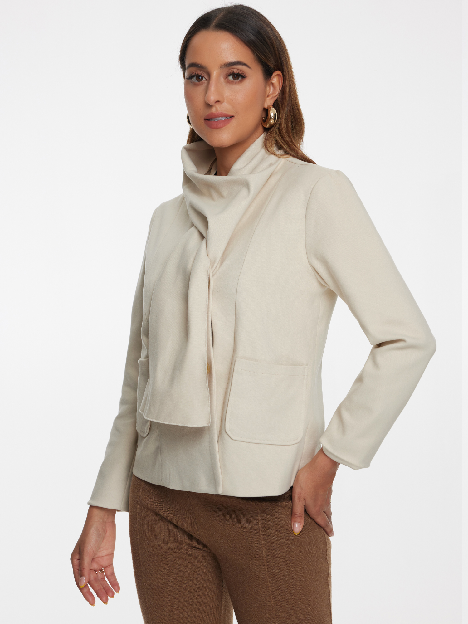 DARING DIVA Women's Double Breasted Outwear Fashion Overcoat with Scarf Beige S