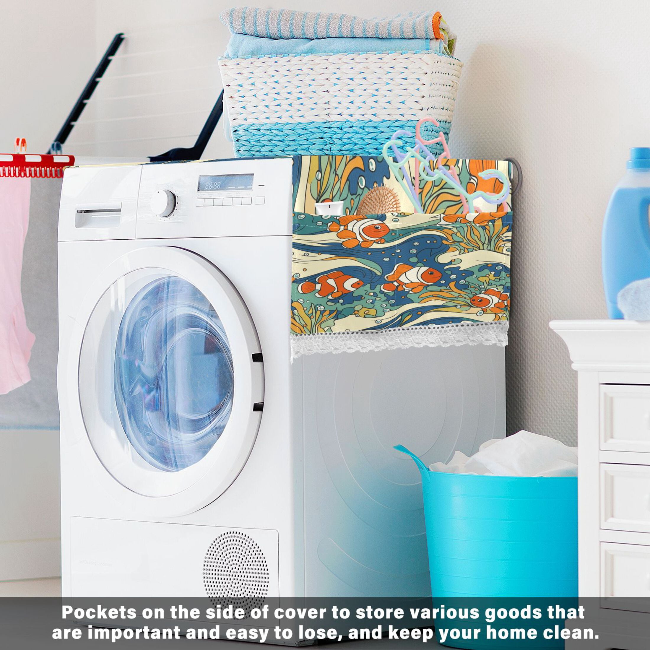 Washing Machine Cover 51.2x22in, Durable Polyester Dust Cover with Lace Trim and Side Pocket for Appliances Cute Clownfish Patterns