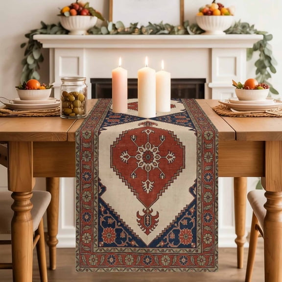 Ethnic Art Boho Table Runner, Abstract Geometric Brick Red Flower Pattern Retro Border Washable Cotton-linen Table Runners Dining Kitchen Decoration for Everyday Home Wedding Party 13 x 70 Inch