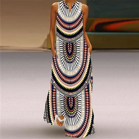 

Leesechin Womens Dresses Clearance Sexy Digital Printed Long Skirt V-neck with Pockets Sleeveless Dress