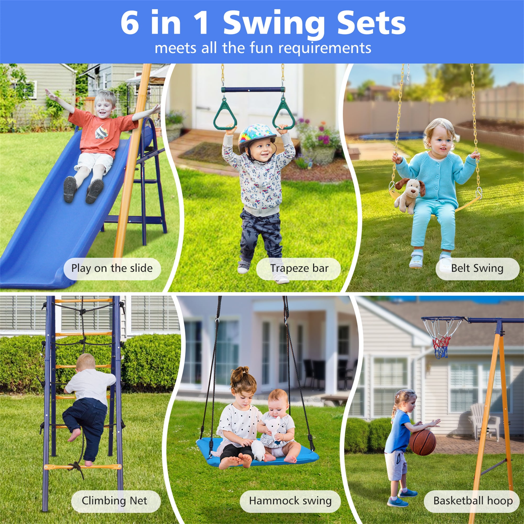 Aukfa 7 in 1 Kids Swing Set, Outdoor Heavy-Duty Metal Playset for Backyard with Slide, Climbing Net, Blue