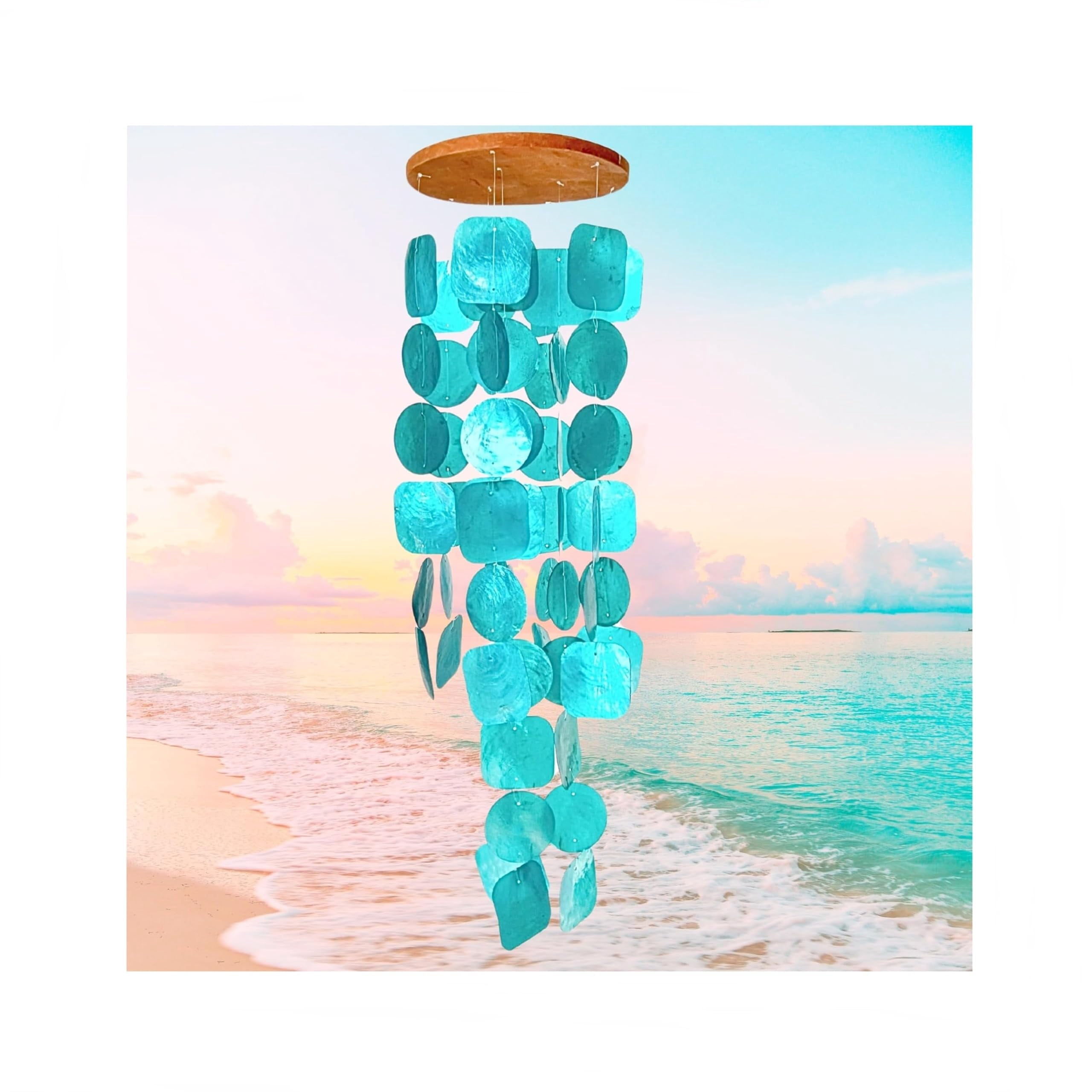 Handmade Wind Chimes Outdoor  Musical Garden Decorations Beach Breeze Gifts For Mom Outside Windchimes 63pcs Capiz Shells Sea Glass Wood Turquoise 20744