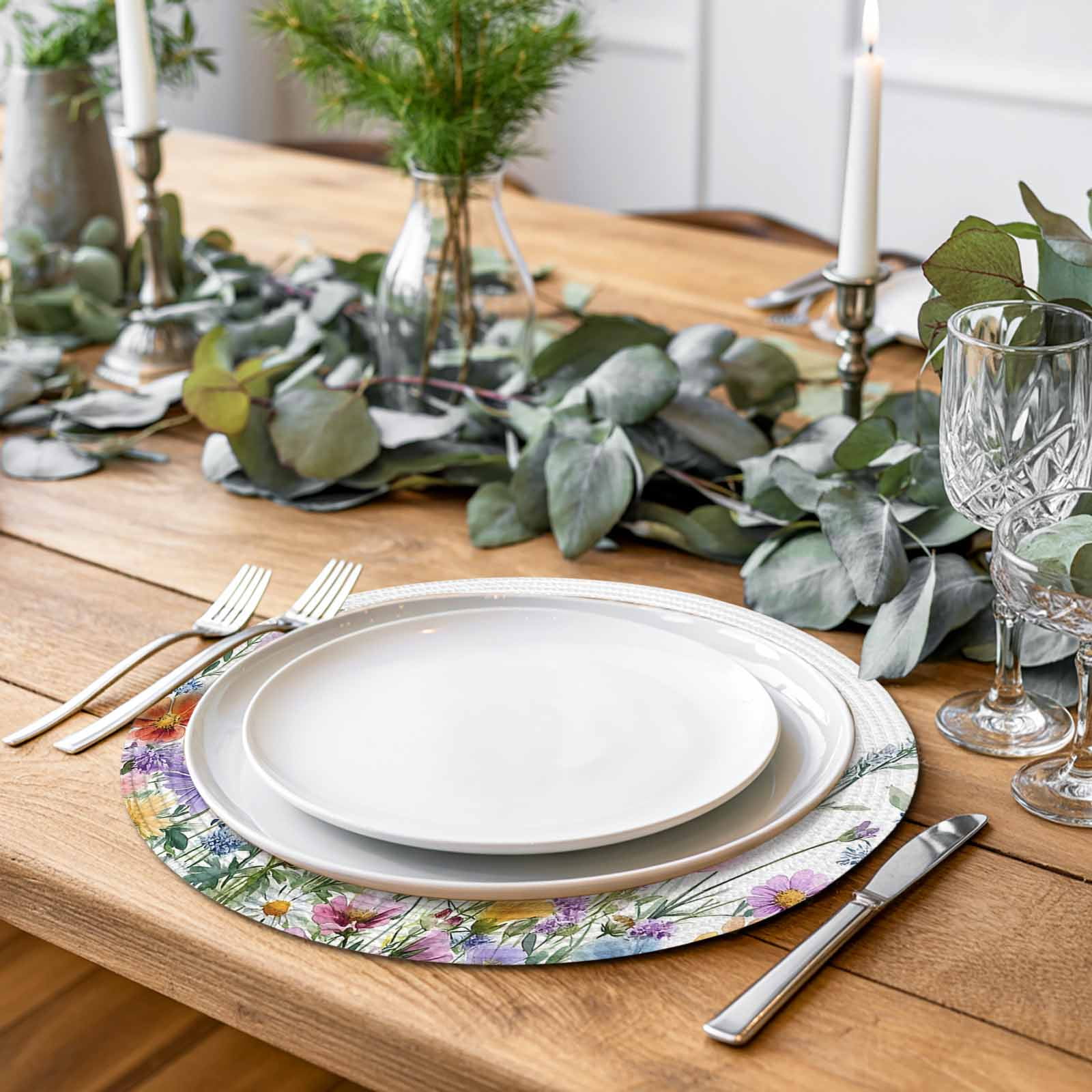 Rustic Boho Floral Round Table Placemats set of 4, Colorful Wildflower Washable Woven Place Mats for Dining Tables Kitchen Party Decor,Heat Proof, 15in,