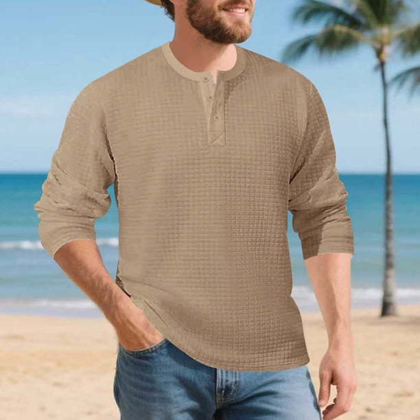 pstuiky Camisas casuales de manga larga para hombre, Camisa de entrenamiento de manga larga con cuello redondo y medio botón informal de colores sólidos para hombre salir tops xl