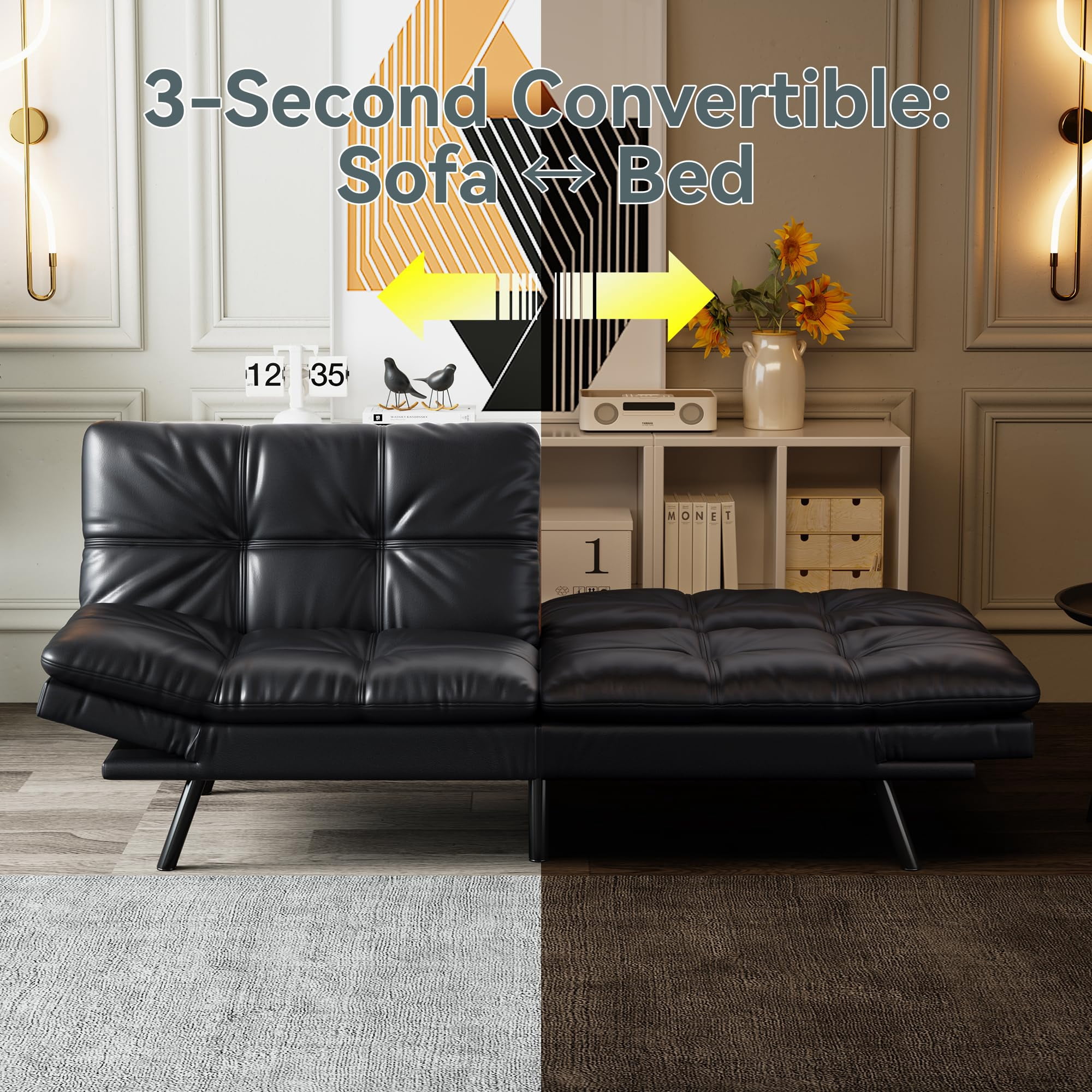 71" Sofa Bed Convertible Couch, Black Faux Leather Sofa Bed with Memory Foam, Adjustable Backrest & Armrests, Multifunctional Small Loveseat Sleeper Sofa for Living Room, Apartment, Office