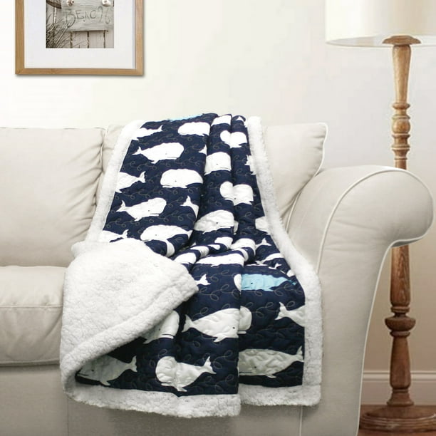 Lush Decor Whale Kids Animal Print Polyester Sherpa Reverse Throw, 60" x 50", Navy, Single