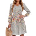 thumbnail image 2 of Ladies' Printed Casual Fashion V-Neck Long Sleeve Mid Length Dress with Floral Style for Spring and Autumn Gatherings,Light Gray,L, 2 of 5