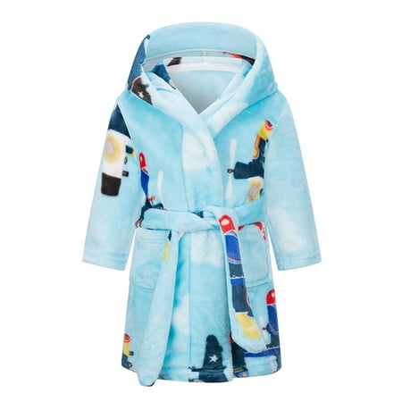 

DNDKILG Children Boy Girls Hooded Thicken Outerwear Toddler Baby Long Sleeve Fall Winter Fleece Bathrobe Cartoon Print with Belt Light Blue 1Y-10Y
