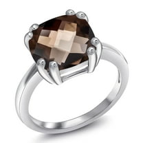 Gem Stone King 925 Sterling Silver Brown Smoky Quartz Double Prong Ring for Women (3.07 Cttw, Cushion Checkerboard 10MM, Available in Size 5, 6, 7, 8, 9)