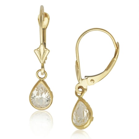 14k Yellow Gold April Clear Cubic Zirconia Pear Drop Leverback Earrings - Measures 25x6mm