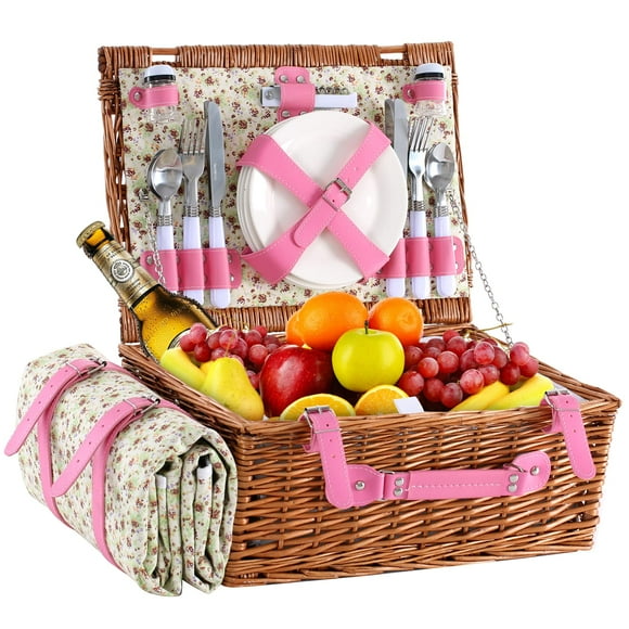 Cesta de picnic HYBDAMAI de mimbre para 4 personas con manta y nevera rosa