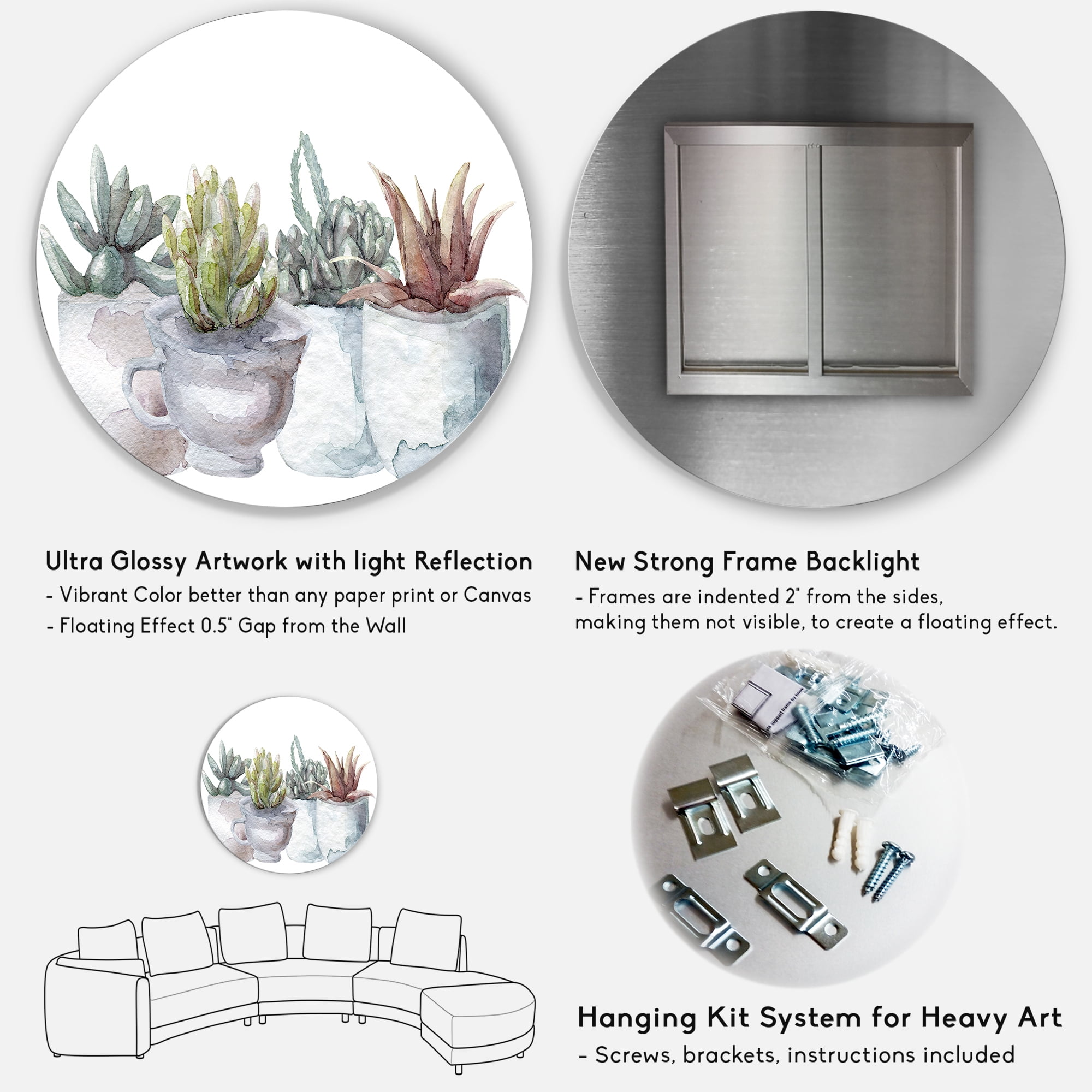 Designart 'Succulent and Cactus House Plants IV' Farmhouse Circle Metal Wall Art 11x11 - Disc of 11