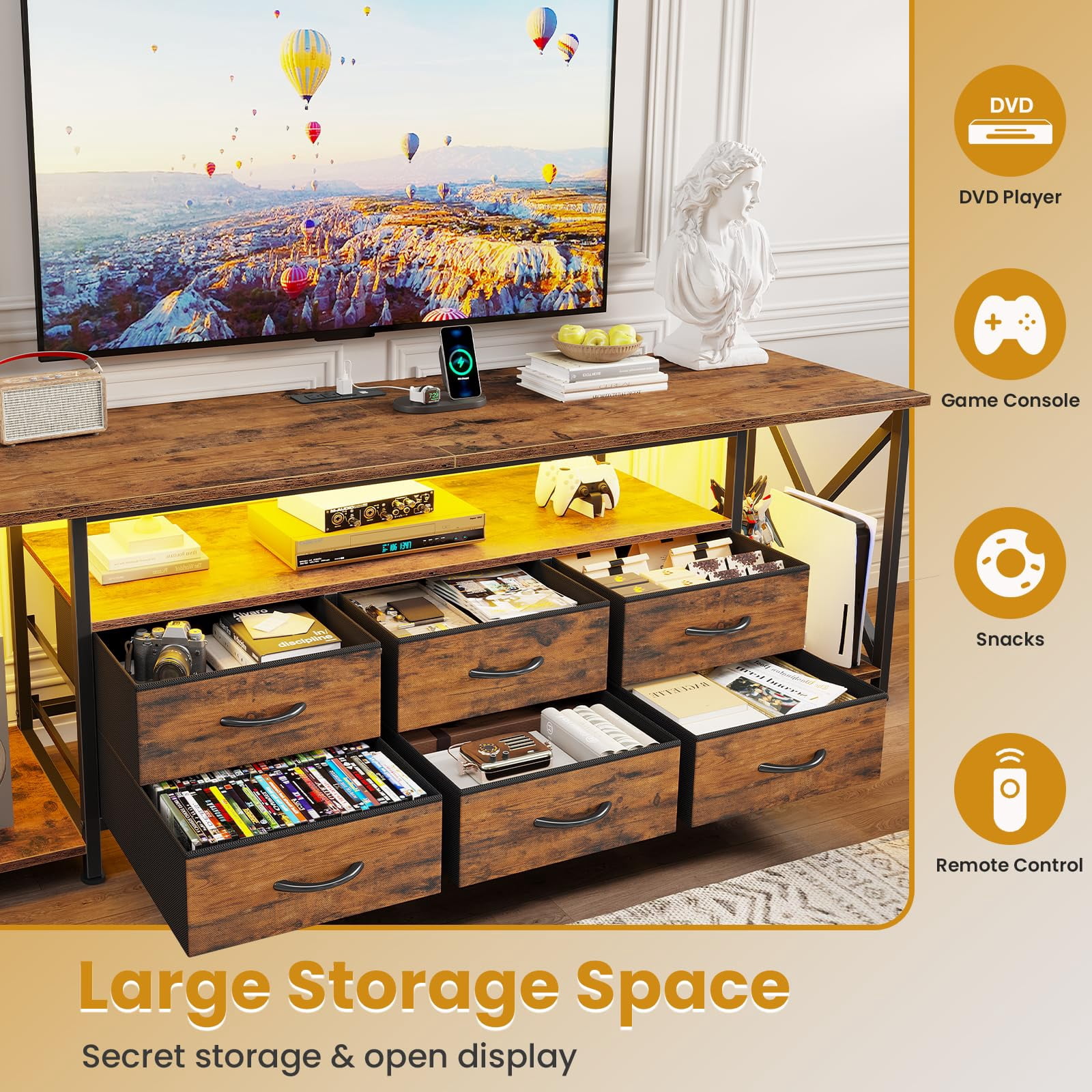 Afuhokles 63" TV Stand for 80 Inches TV, Entertainment Center with LED Lights and Power Outlets, 6 Fabric Drawers, Brown