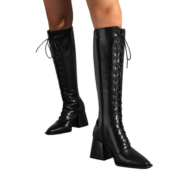 Rokment Knee High Combat Dress Boots for Women 2025 Fall Winter Vintage Fashion Leather Pointed Toe Chunky Block High Heel Lace up Tall Riding Boots Black Size 6